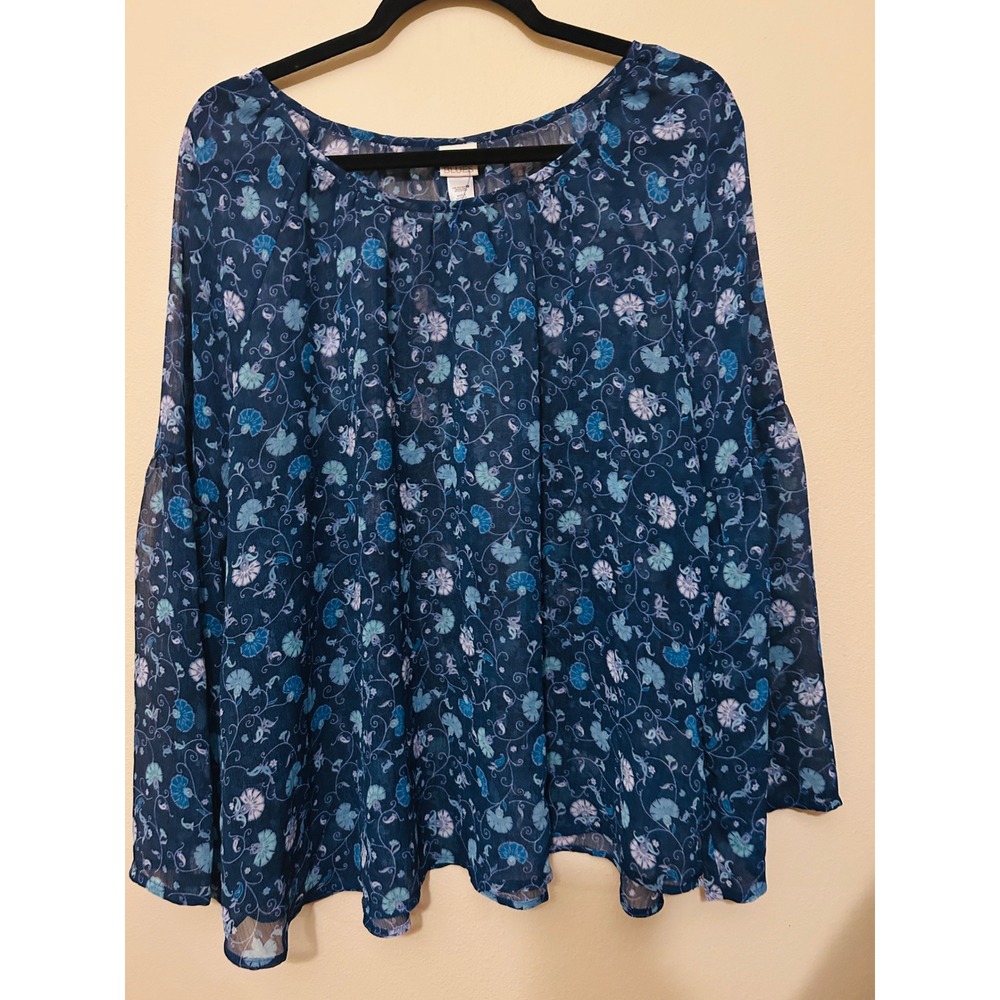 Canyon River Blues Blouse Womens XL Blue Excellent Floral Bell Sleeve Chiffon